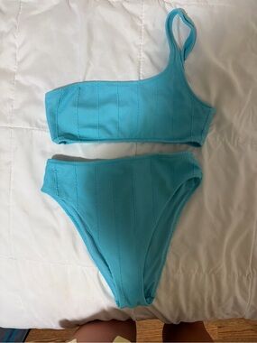aerie Ribbed One-Shoulder Bikini Set in Turquoise